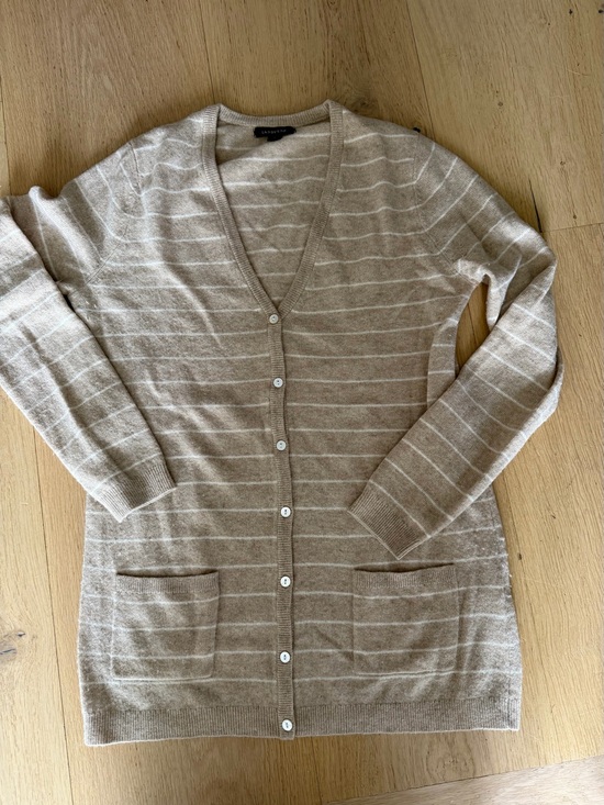 Lands' End Sweaters - Lands' End Beige Striped V-Neck Button Cardigan